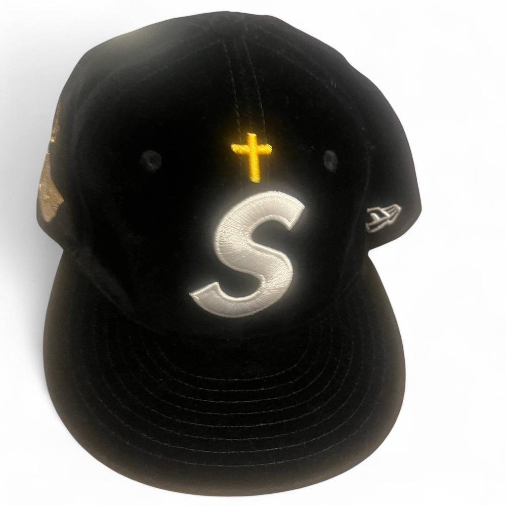 Supreme Gold Cross S Logo New Era cap in black velvet